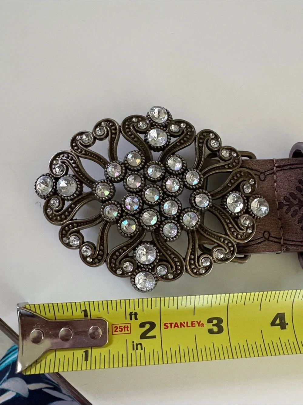 Belt  Brown faux leather /stamped motifs lightweight ornate rhinestone buckle